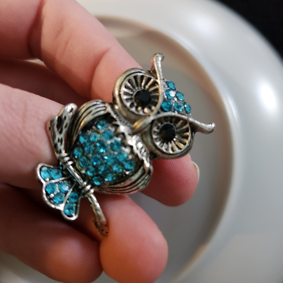Jewelry - Silvertone And Blue Rhinestone Heavy Enamel Owl Ring